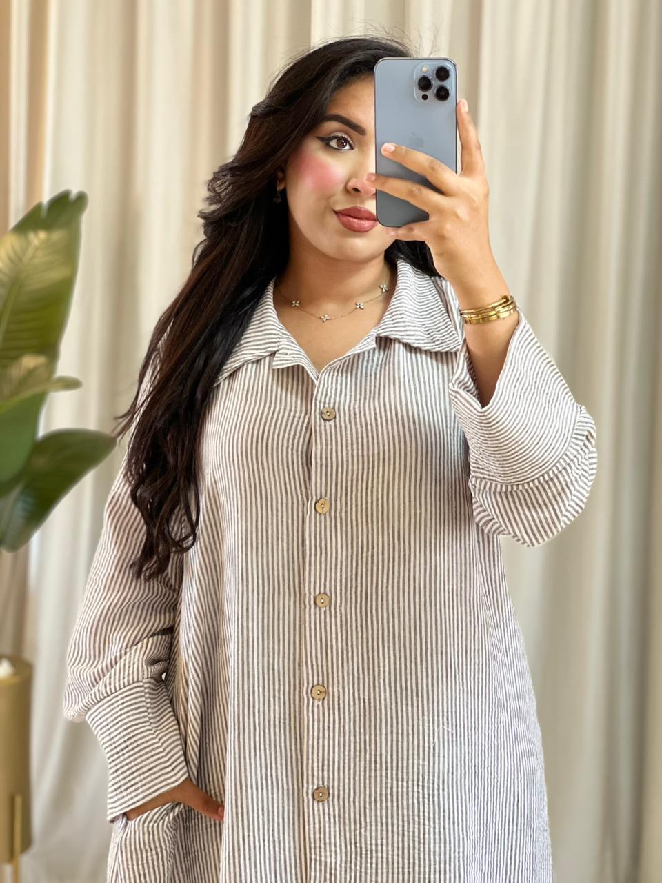 Robe Chemise en Lin à Rayures