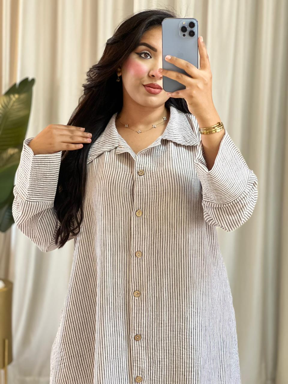Robe Chemise en Lin à Rayures