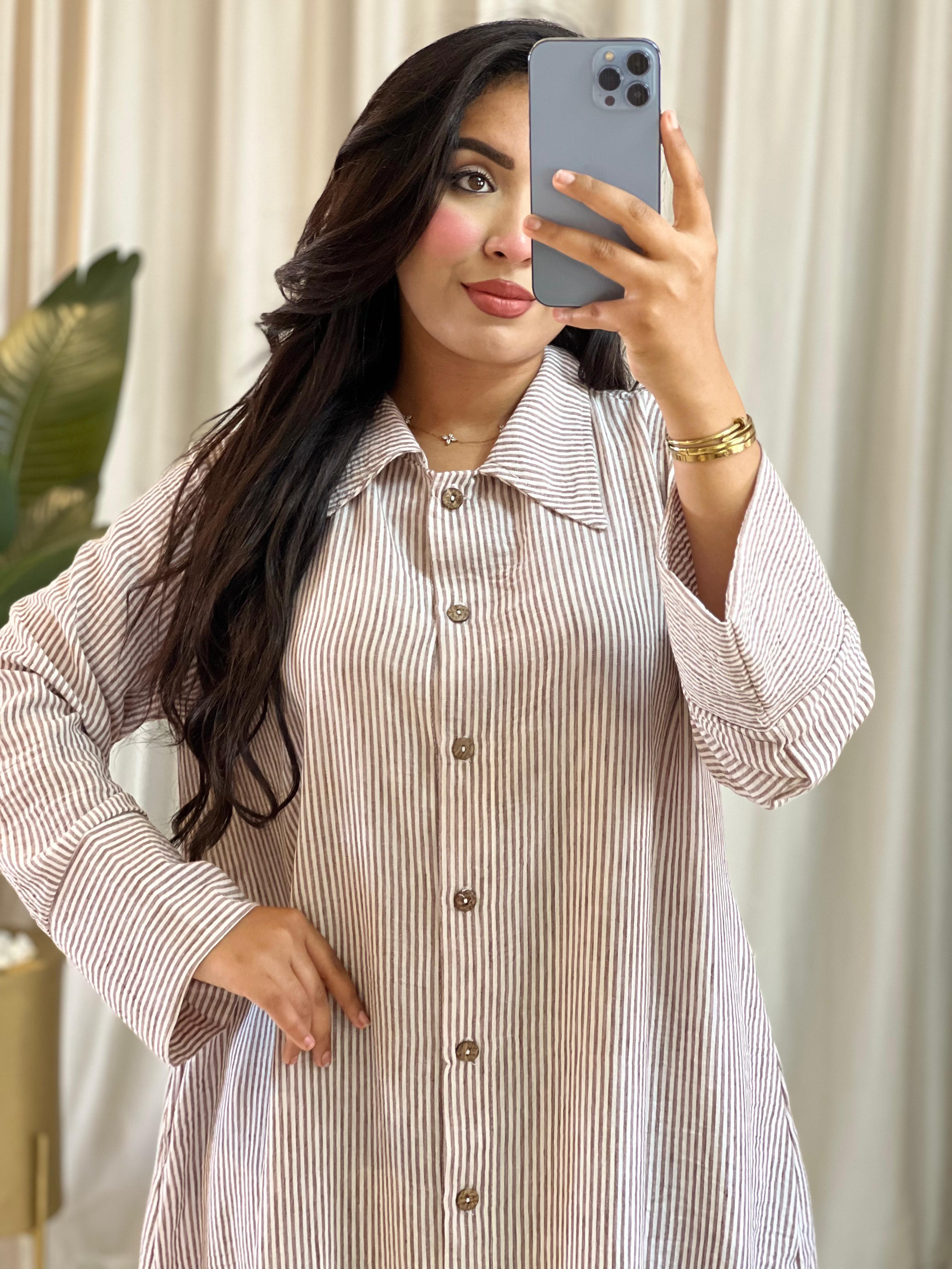 Robe Chemise en Lin à Rayures